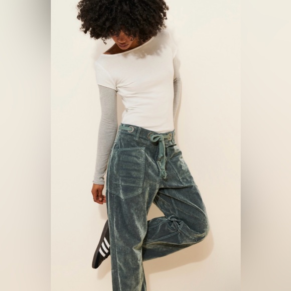 Free People Moxie Flocked Pull-On Barrel Jeans Mountain Green Size 32 - Picture 5 of 12